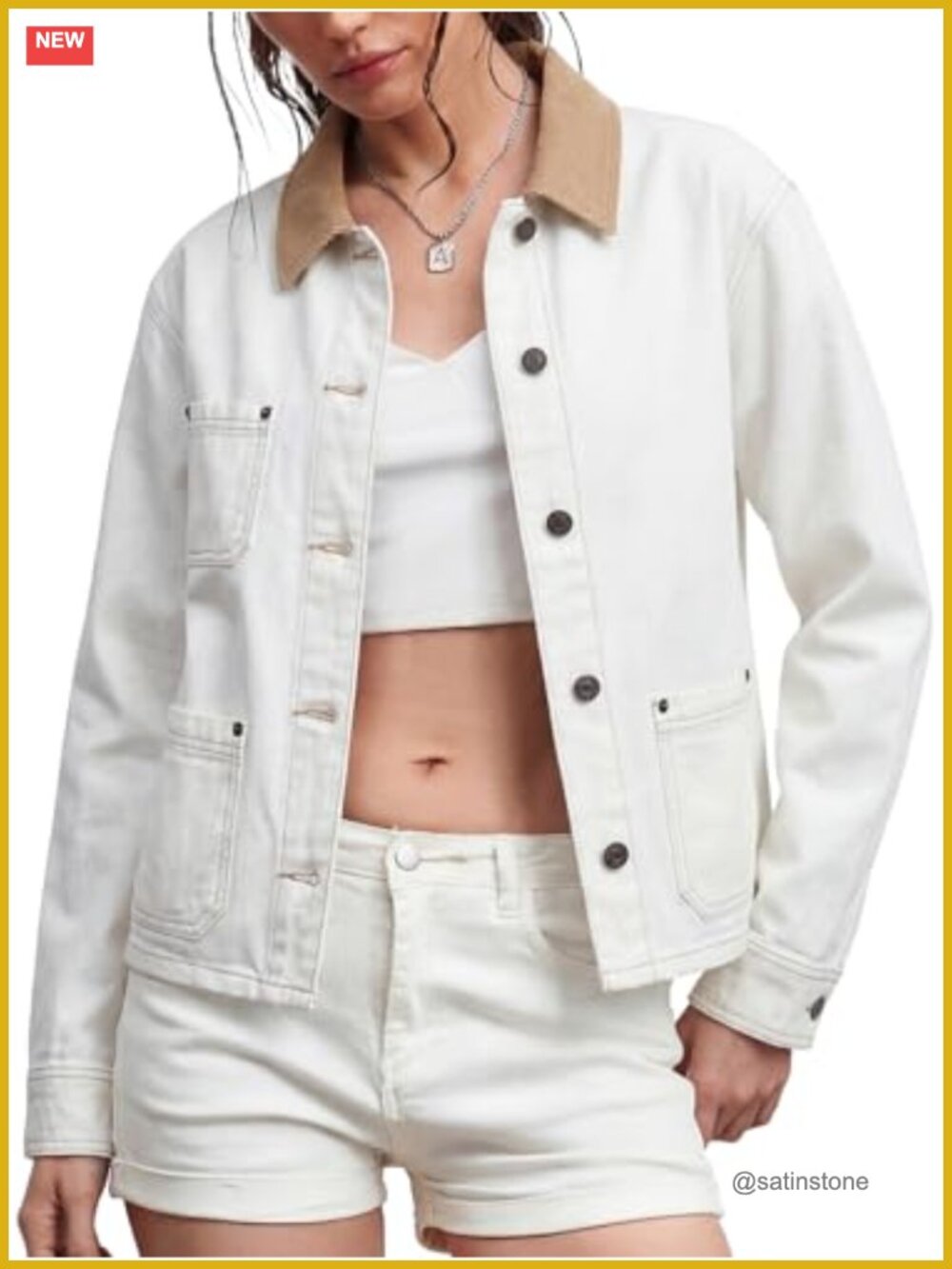Women's Loose Fit Denim Jacket with Corduroy Collar Button Down Shacket
